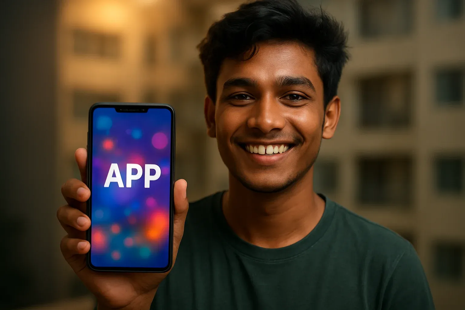 Smiling young Bangladeshi man holding smartphone with colorful gaming app screen