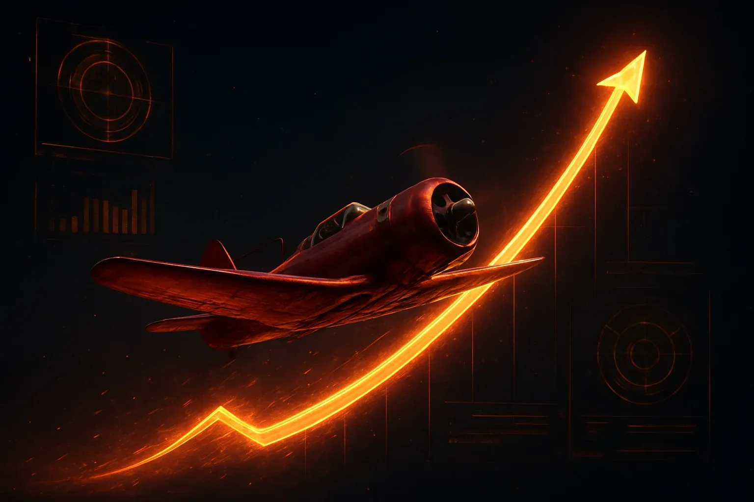 Red aviator plane soaring upward with glowing multiplier trail at night