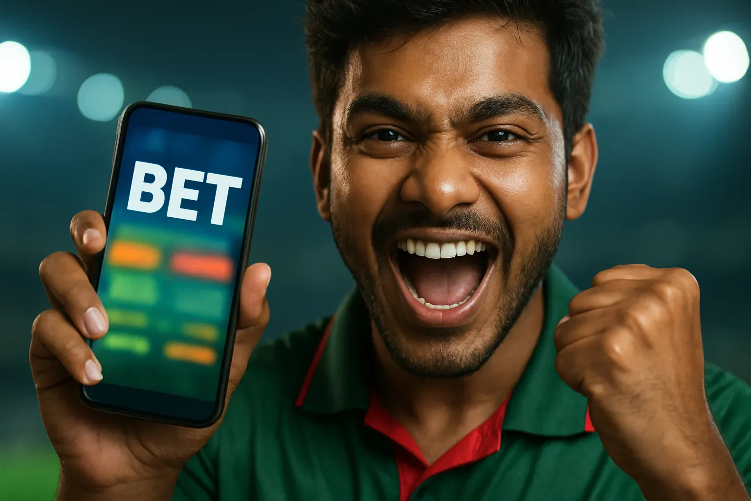 Excited Bangladeshi man holding smartphone with sports betting screen and BET text