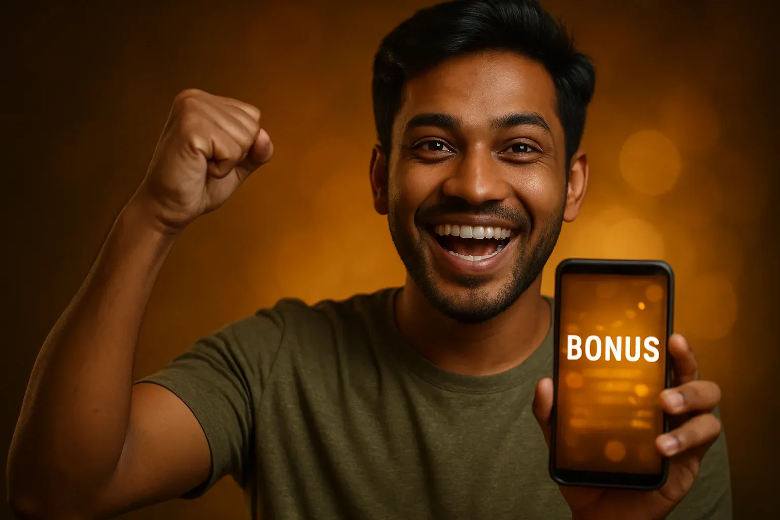 Joyful young Bangladesh man holding smartphone showing bonus reward interface