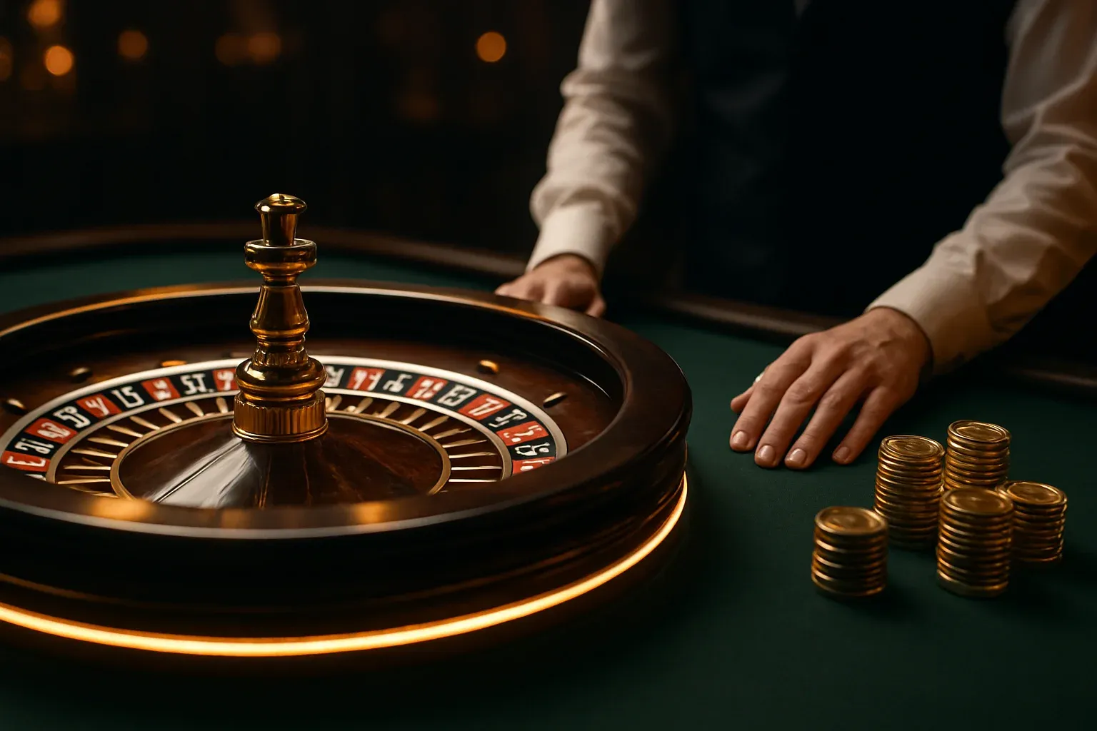 Elegant live casino roulette table with dealer hands and golden chips