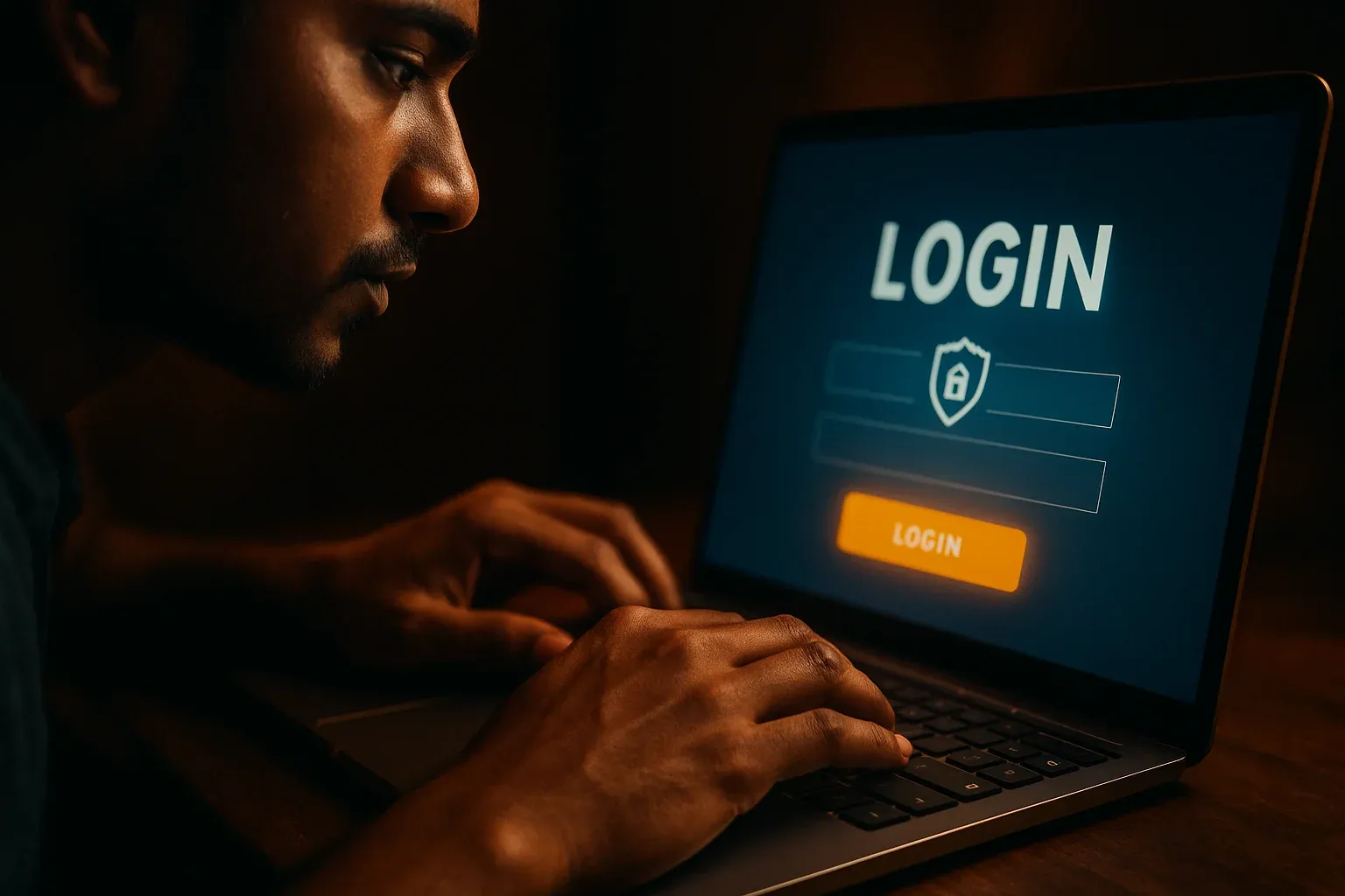 Young Bangladeshi man's hands on laptop showing glowing LOGIN screen