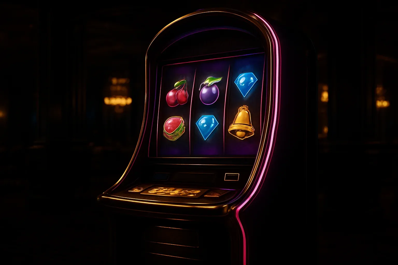 Hyperrealistic premium slot machine with three reels in dark luxury casino